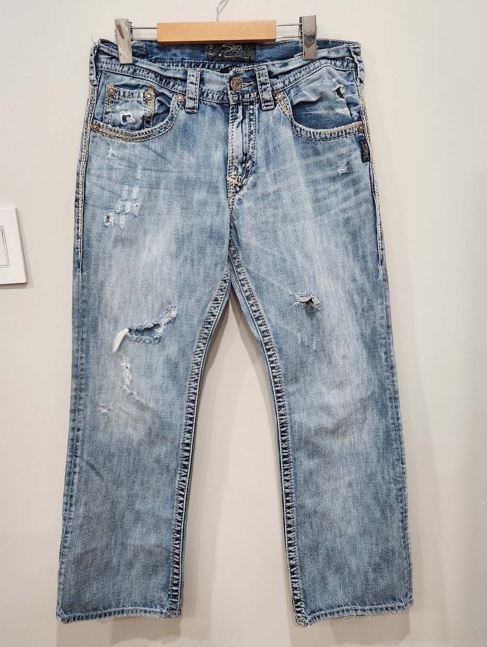 Silver Zac Jeans Mens 32x30 Heavy Stitch Distressed Blue Light Wash Cowboy Y2K